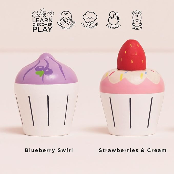 Le Toy Van - Adorable Honeybake Petit Four Cupcakes | Childrens Wooden Food Pretend Toy Cakes | Birthday Cake Or Afternoon Tea Role Play Toy (TV331)