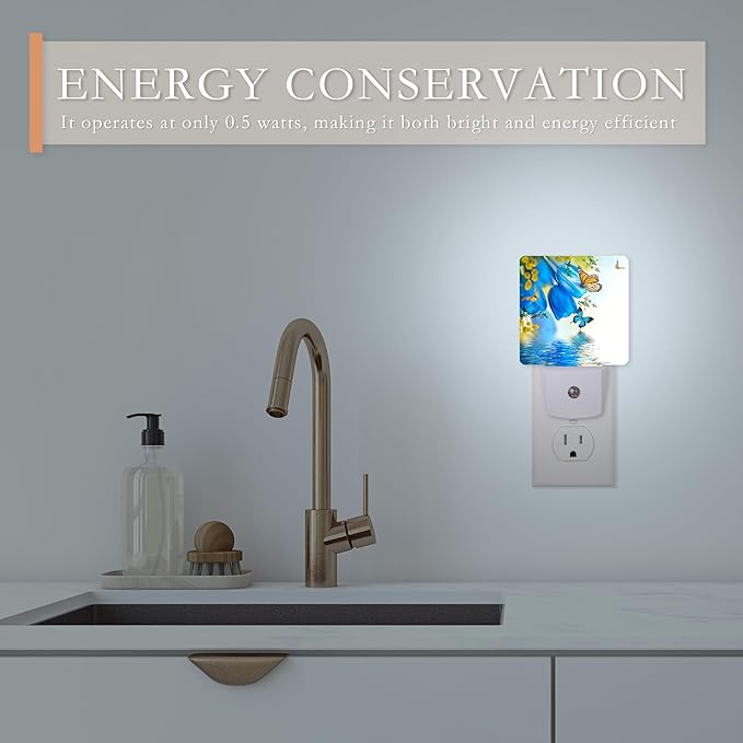 Night Light for Kids,Blue Tulips and Butterfly LED Night Light Plug into Wall with Dusk to Dawn Sensor for Girls Boys Room Decor,Hallway,Kitchen,Bathroom,Nursery,Stairs