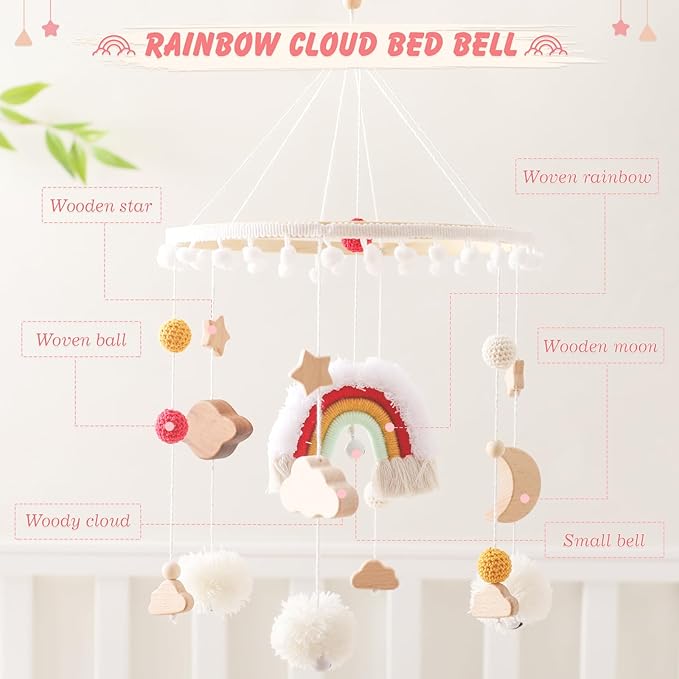 Baby Crib Mobile for Boys Girls Rainbow Nursery Mobile Gender Neutral Hand-Crocheted Mobile Ceiling Mobile - Rainbow, Clouds, Moon