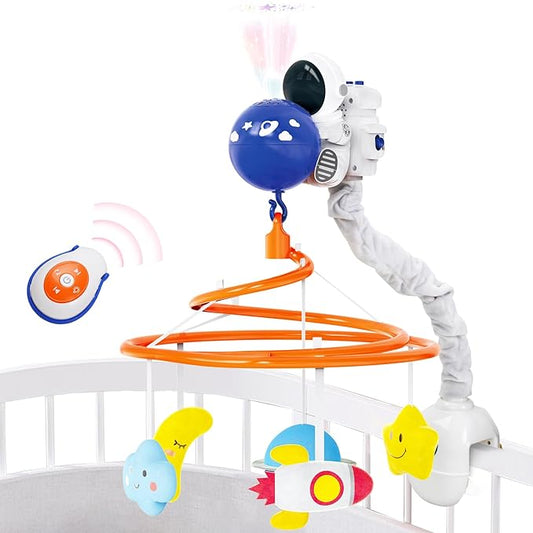 Baby Crib Mobile with Music Box, Remote Control, Rotating Space Theme Toys, Projection Light, White Noise, 0-12 Months