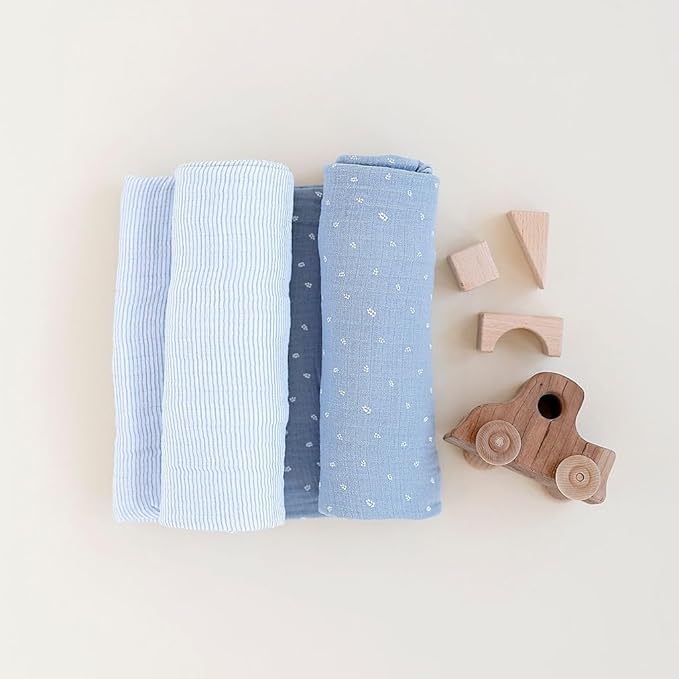 Ely's & Co. Muslin Swaddle Blanket 2-Pack — 100% Cotton Muslin Extra-Large Swaddle Blankets (47” x 47”) Solid Blue + Printed Blue Leaf