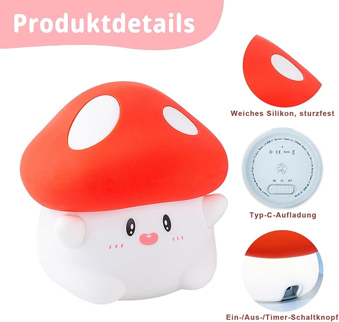 Hug Mushroom Lamp, Cute Mushroom Night Light, 2 Levels Dimmable Night, LED Squishy Night Light for Kids Sleep, Rechargeable Bedside Touch Silicone Lamp, Unique Dorm Decor Gift Toy