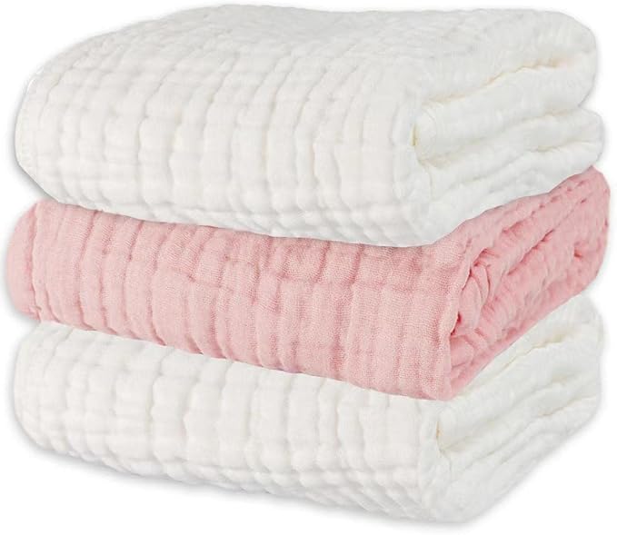 Baby Towels Muslin Bath Towel 3Pack Infant Towels for Newborn Boy Girl 6 Layers Ultra Soft Cotton Toddler Towel for Baby's Delicate Skin 40x 40 Inch (White & Pink)