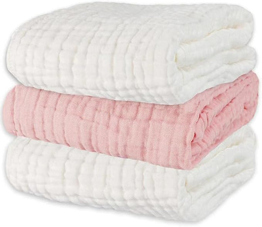 Baby Towels Muslin Bath Towel 3Pack Infant Towels for Newborn Boy Girl 6 Layers Ultra Soft Cotton Toddler Towel for Baby's Delicate Skin 40x 40 Inch (White & Pink)