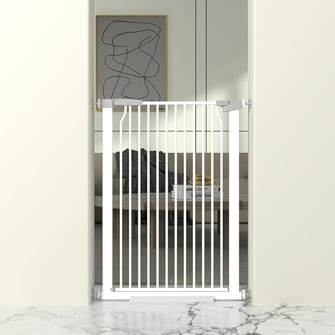 41" Extra Tall Cat Gate for Doorway, 29.6-31.5''W Metal Pet Baby Safe Gate, Extra Wide Pressure Mounted Baby Gate, No Drilling Cat Fence Indoor, Tall Dog Gate, White