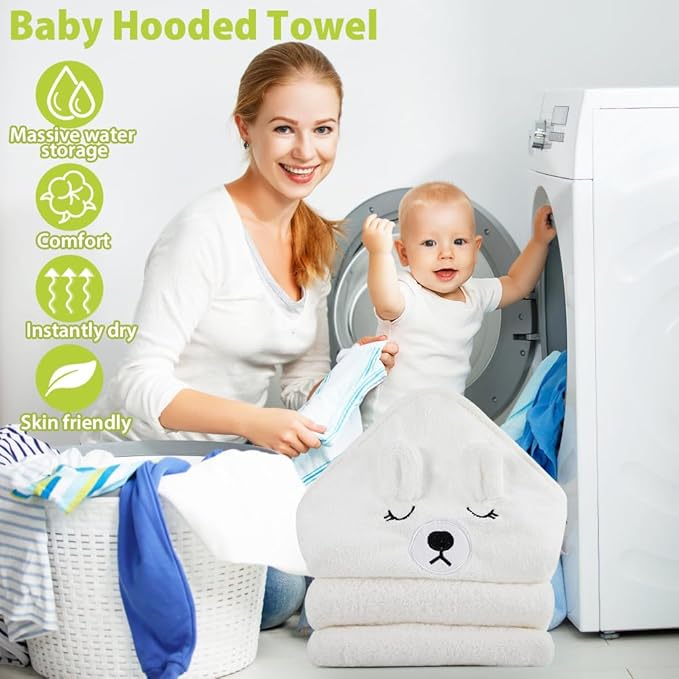 Baby Bath Towel,Ultra Soft Hooded Baby Towel,Toddler Bath Towels with Animal Design,Absorbent Baby Hooded Towel Shower Gifts for Baby Boys Girls,31.5x31.5 inch(White Bear)