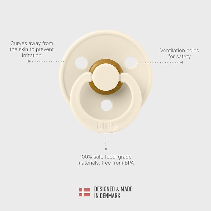 BIBS Pacifiers Colour Collection | Natural Rubber Baby Pacifier | Round Nipple | Set of 2 BPA-Free Soothers | Made in Denmark | 0+ Months (Pack of 2) | Ivory