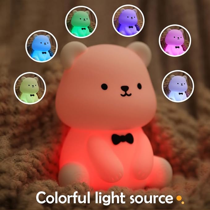 S NMT Silicone Teddy Bear Night Light for Kids Room, Rechargeable 7 Colors Changeable 3 Level Brightness Timing Sleeping Lamp Kawaii Nursery Night Lights for Kids Room Gift Decor
