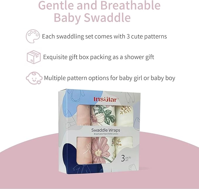 insular Baby Swaddle Wrap, Swaddle Blanket for Newborn and Infant, Adjustable Velcro Swaddling Set for Boy and Girl, Soft Cotton Baby Sleep Sack 3 Pack, Floral, Small(0-3 Month)