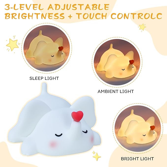 Elephant Night Light for Kids - Squishy Silicone Nursery Lamp, Cute Animal Night Light with 3-Level Dimmable & Rechargeable Battery for Baby Nursery, Bedroom
