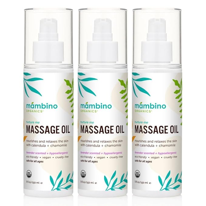 Mambino Organics Massage Baby Oil – Organic, Nourishing with Egyptian Calendula, Chamomile & Lavender – Gentle for After-Bath Relaxing – Cruelty-Free Baby Oils for Baby & Kids, 3-Pack 5 fl oz