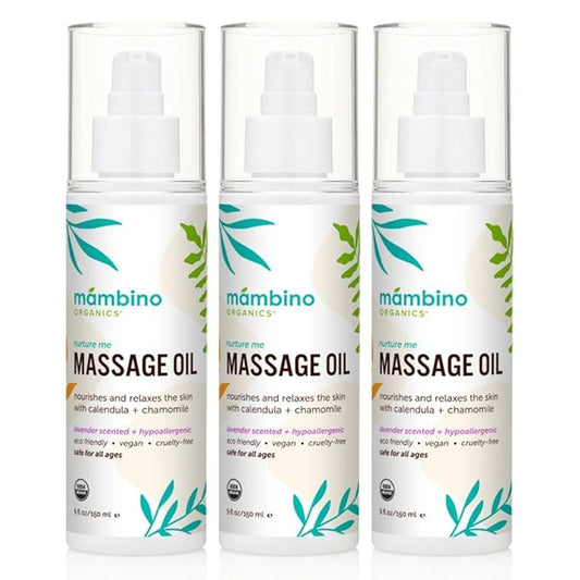 Mambino Organics Massage Baby Oil – Organic, Nourishing with Egyptian Calendula, Chamomile & Lavender – Gentle for After-Bath Relaxing – Cruelty-Free Baby Oils for Baby & Kids, 3-Pack 5 fl oz