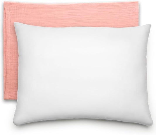 Comfy Cubs Toddler Pillow with Muslin Pillowcase, 13 x 18 in - Travel and Sleep Support for Kids - Lightweight, Breathable Microfiber Fill - Soft and Cozy Small Pillow for Toddlers - Blush