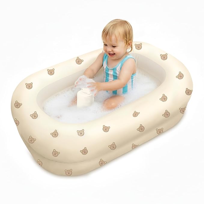 Inflatable Baby Bathtub with Built-in Air Pump, Back Support, Portable Travel Baby Bath Tub, Deflates and Folds Easily, Newborn to Toddler 3-20 Months (Cute Bear)