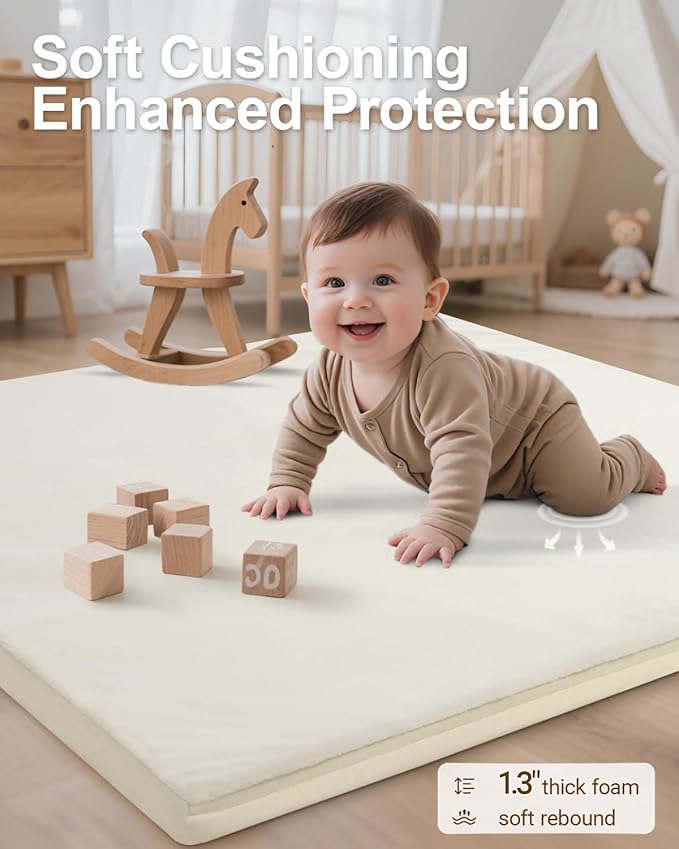 Baby Play Mat for Floor,1.2"Thick Padded Foam 50x50 playpen mat, Soft Velvet&Non-Slip Leather,Removable&Washable Cover,Nursery Rug for Baby Crawling,Toddlers,Infants,kids,Yoga,Tatami,Beige