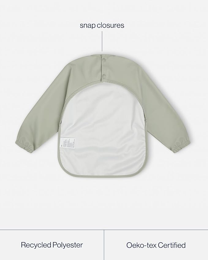 Lalo Long Sleeve Baby Bib, Waterproof, Elastic Cuffs, Large Catch-All Pocket, Recycled Polyester, Ages 6-24 Mo., Sage