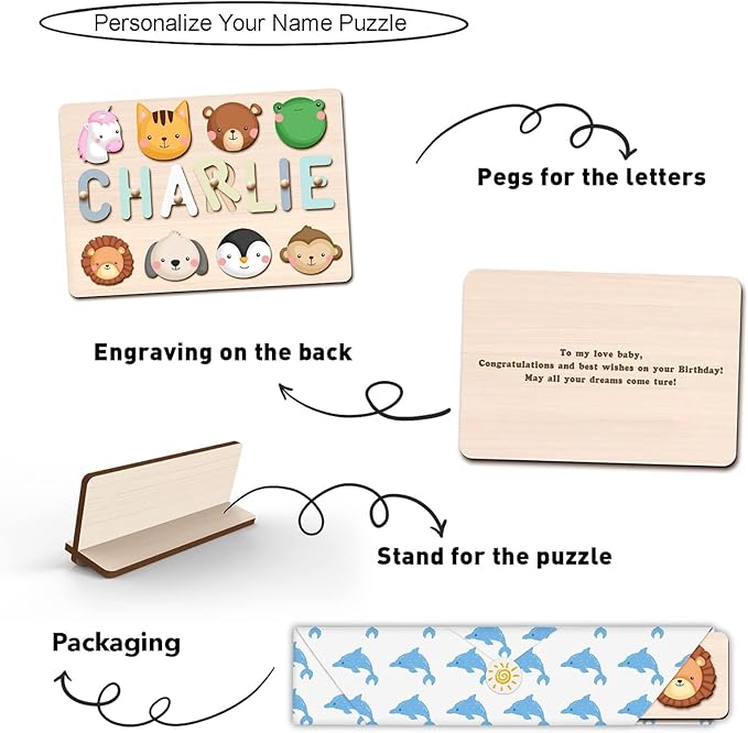 Personalized Name Puzzle for Kids Engraved Text Greetings on Back Custom Wooden Name Signs with Pegs for Baby Boy & Girl 1 Year Old Nursery Gifts Educational Toys Toddler Puzzles for Newborn