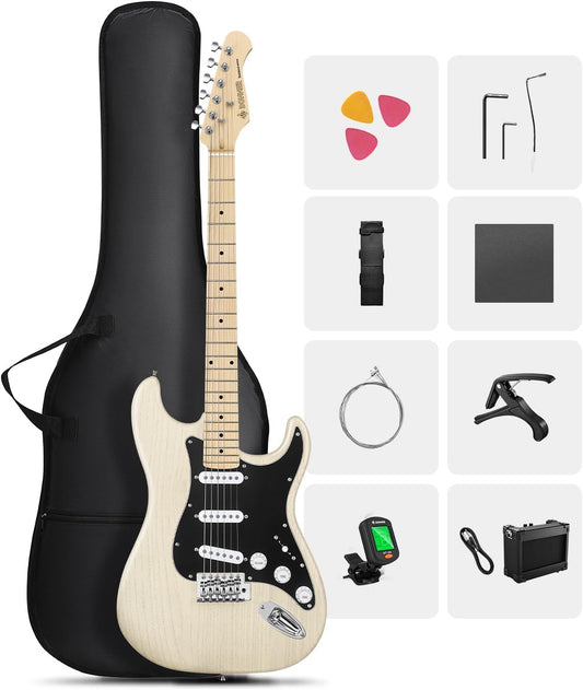 DONNER DST-80 Electric Guitar 39” Beginner Electric Guitar Kit with Amp, Classic SSS Pickup Complete with Gig Bag, Tuner, Capo, Strap, Picks, and Free Online Lessons, Bone White