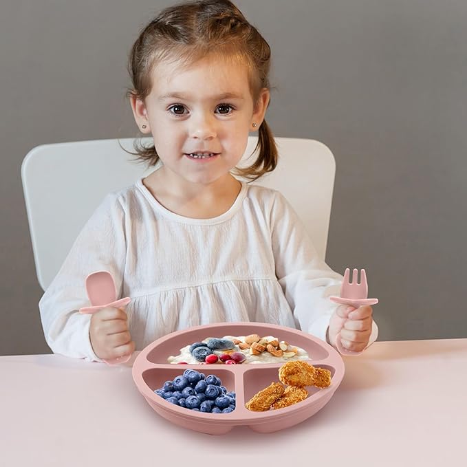 Silicone Feeding Set, 2 Pack Divided Toddler Plates with Suction, 2 Pack Utensils - Spoons & Forks, BPA Free, Baby Led Weaning Supplies