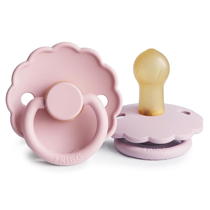 FRIGG Daisy Natural Rubber Baby Pacifier | Made in Denmark | BPA-Free (Baby Pink/Soft Lilac, 0-6 Months) 2-Pack