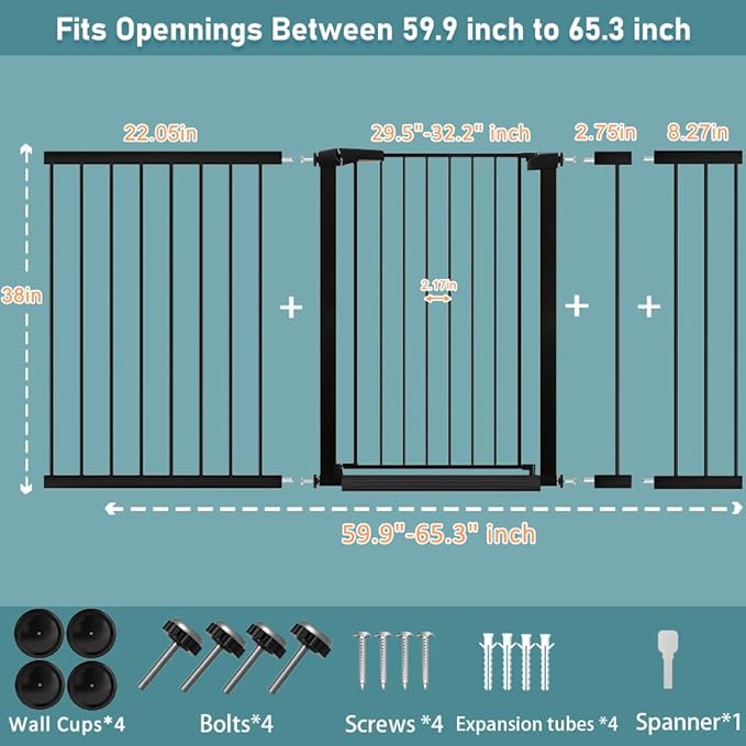 Fairy Baby 38" Extra Tall Dog Gate for Stairs, 59.9"-65.3" Extra Wide Large Walk Thru Baby Gate for Doorway, Long Safety Child Toddler Gate, Metal Auto Close Puppy Cat Gate for The House, Black