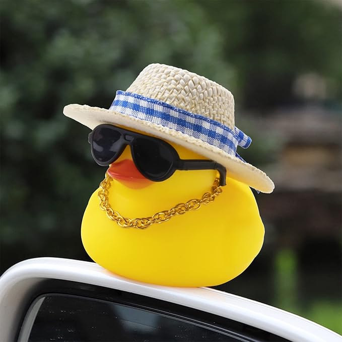 wonuu Car Rubber Duck, Yellow Duck Decoration Dashboard with Sun Hat Swim Ring Necklace Sunglasses for Car Dashboard Decorations