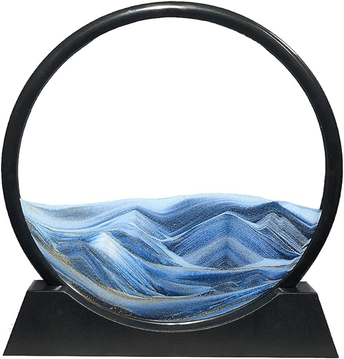 Aoderun Moving Sand Art Picture Round Glass 3D Deep Sea Sandscape in Motion Display Flowing Sand Frame Relaxing Desktop Home Office Work Decor (12", Blue)