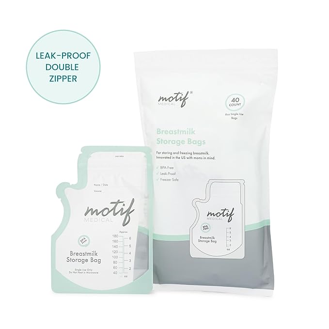 Motif Medical Breastmilk Storage Bags - Freezer Bag w/Easy Pour Spout, Write-On Label - Leak-Proof Double Zipper Milk Bags for Breastmilk - Ideal Breastfeeding Mom Gifts (6 oz, 90 Count)