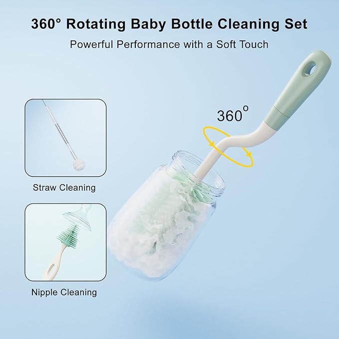 Silicone Bottle Brush Set with Stand, Bottle Cleaning Brush Cleaner Set, Long Handle 3 in 1 Multipurpose Silicone Baby Bottle Straw Cleaner Brush (Sage Green)