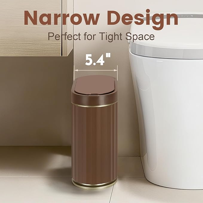 ELPHECO Bathroom Motion Sensor Trash can 2 Gallon Automatic Garbage Can, Slim Plastic Smart Trash Can with Lid, Commercial Intelligent Trash Bin for Bedroom, Bathroom, Office, Brown