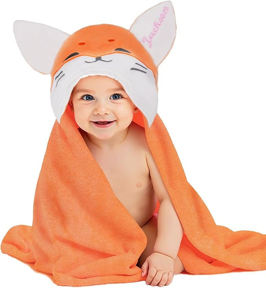 Custom Hooded Bath Towel with Name, Personalized Highly Absorbent Bunny Towels, Baby Bath Towels for Girls Boys, Brithday for Baby, Toddler, Newborn (Orange-Fox)
