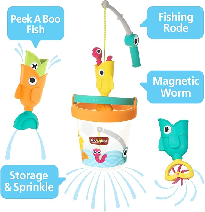 Yookidoo Fishing Set Bucket Bath Toys – Magnetic Fishing Rod, Wriggling Fish + 3 Floating Fish with 3 Unique Effects – Mold Free Catch ’N’ Sprinkle Bathtime & Pool Toy for Toddlers and Kids (Ages 2–6)