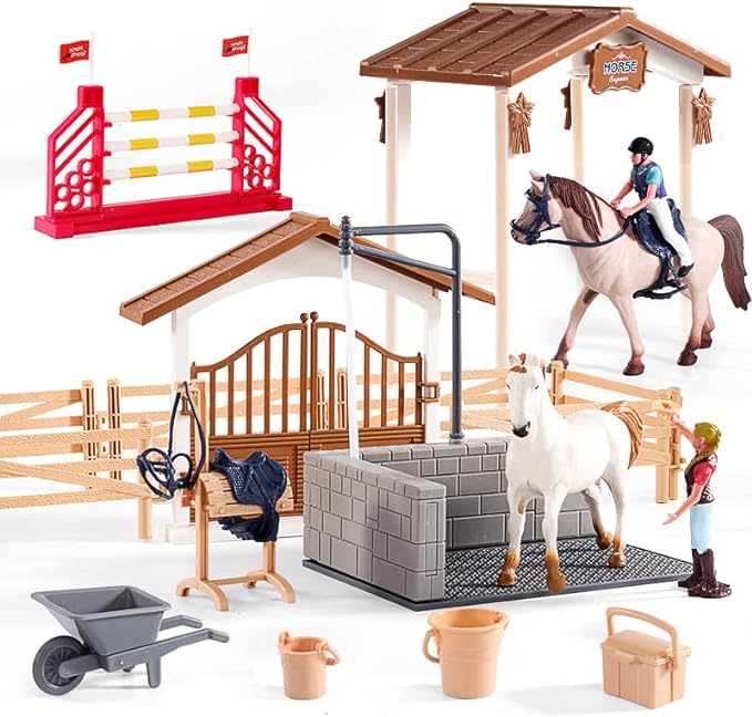 Peagrav Horse Stable Playset with Rider & Horses - Toy Figures for Boys & Girls, Ages 3-8