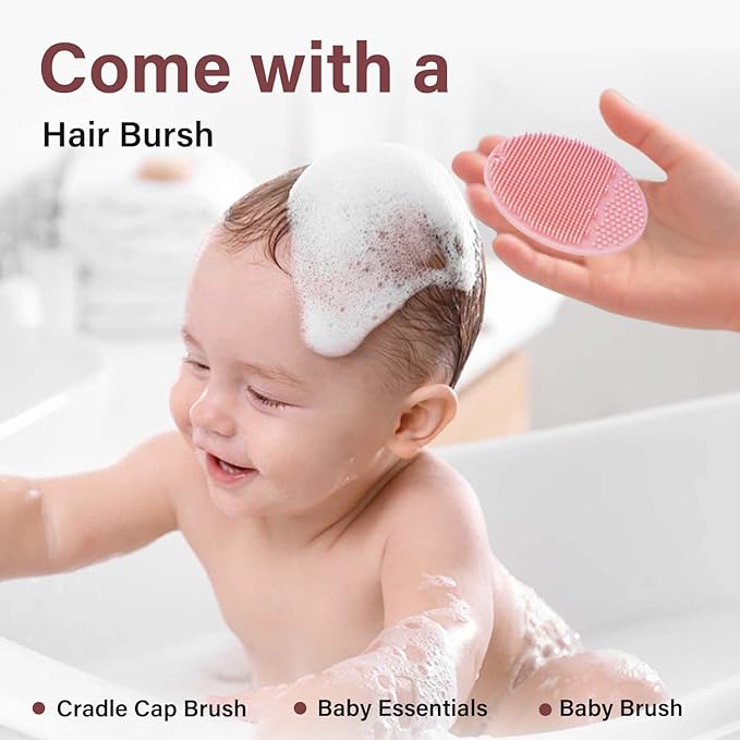 mandoo Baby Bath Rinse Cup - Food Grade Silicone - Shampoo & Body Washing Rinser Cup for Kids with Easy Grip Handle to Rinse Baby Shampoo and Soap - Baby Essentials (Mint+Brush)