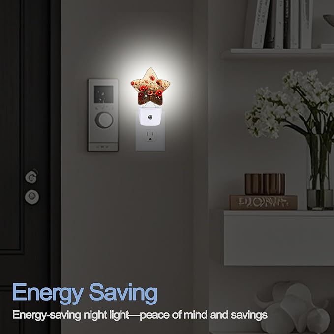 Night Light,Red Poppy Flower Plug into Wall with Dusk to Dawn Light Sensors,Vintage Floral Warm Star Nightlights for Bedroom,Bathroom,Hallway,Kitchen Home Decor Desk Lamp