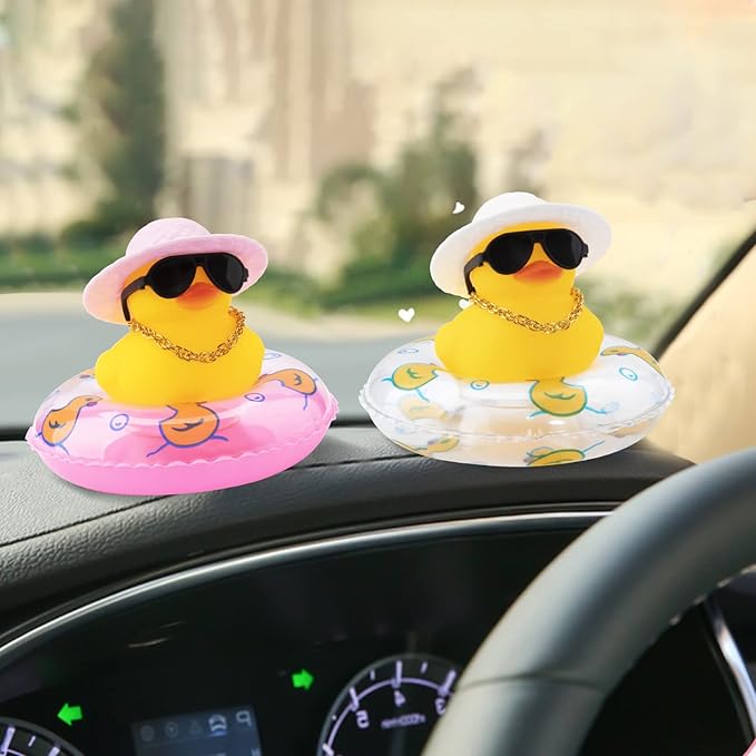 wonuu Car Rubber Duck, Yellow Duck Decoration Dashboard with Sun Hat Swim Ring Necklace Sunglasses for Car Dashboard Decorations