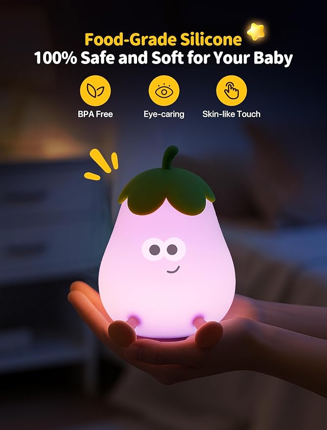 Eggplant Night Light for Kids, Nursery Night Lights, Bedside Touch Lamp, Cute Silicone Nightlight for Baby Toddler, 3 Level Dimmable Soft Night Lamps Gift for Bedroom Kids Room Decor