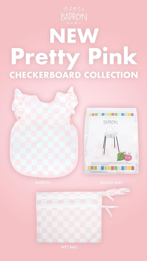 BapronBaby Pink Flutter Checkerboard Bapron - No Neck Tie Safer Bib for Baby & Toddler - Soft Waterproof Stain Resistant - Machine Washable - Sz Preschool 3-5yrs
