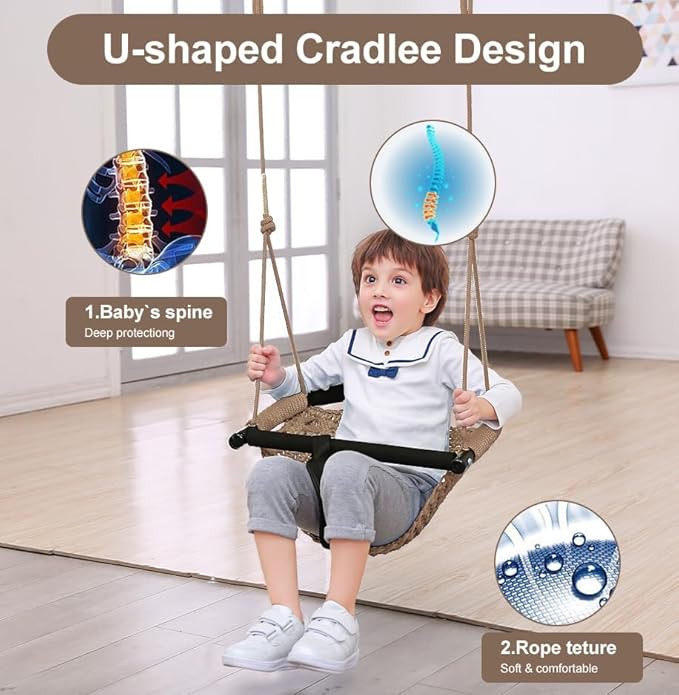 Toddler Swing&2-in-1 Baby Swing - Adjustable Rope Swing Seat for Kids | Indoor & Outdoor Durable Backyard Swing Set for Infants & Toddlers (Light Brown)