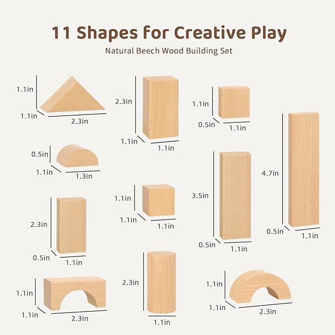 100pcs Natural Beech Wooden Building Blocks for Toddlers 1-3, Wooden Blocks for Baby Shower with Storage Bucket, Montessori Toys for Preschool Girls and Boys