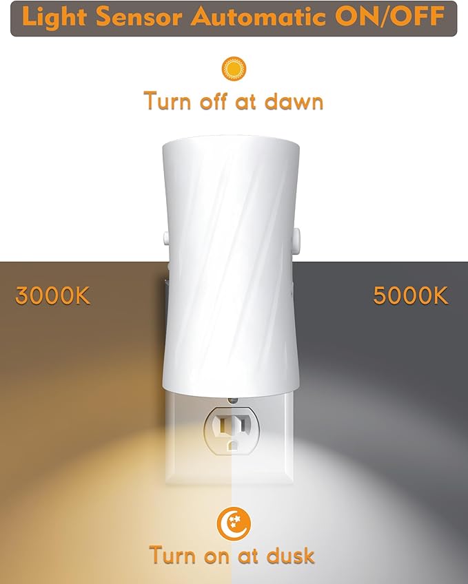 Night Lights Plug into Wall, LED Plug in Night Light, 3000K/5000K Switch, Dusk to Dawn Light Sensor, 0-100LM Adjustable Brightness Wall Light, Modern Night Light for Hallway Bedroom Stairway, 2 Pack