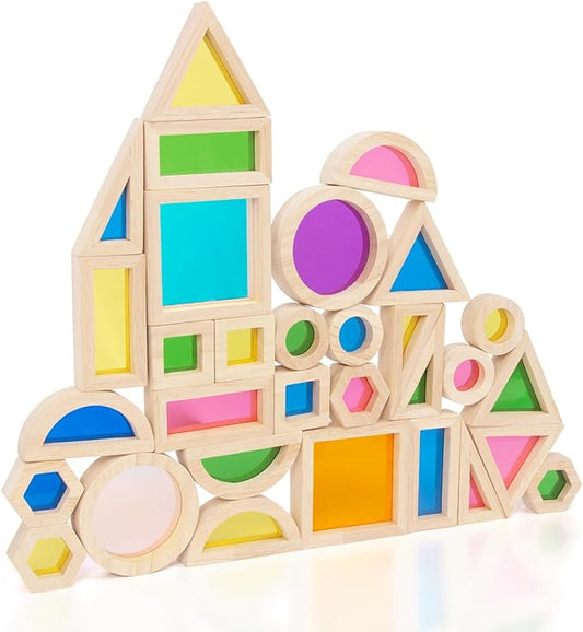 Wood Building Blocks Set for Kids, 32 Pcs Rainbow Stacker Stacking Game Construction Toys Set Preschool Colorful Learning Educational Toys, Geometry Wooden Blocks for Boys Girls