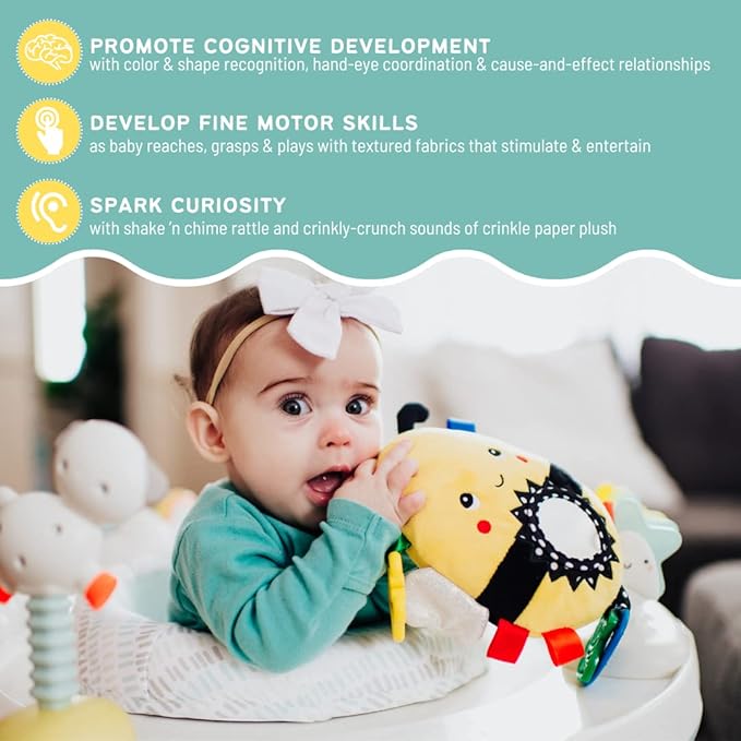 Squish 'N Play Bee Activity Toy - Multi-Sensory Learning Baby Toy - Stroller, Car Seat, Tummy Time, Teether - Baby Gift with Mirror, Rattle & Taggies