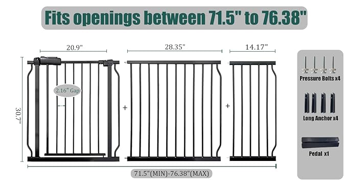 71.5-76.3 Inch Extra Wide Baby Gate, Heavy-Duty Metal Safety Gate for Stairs & Hallways, Black Pressure Mounted with Extension Kit