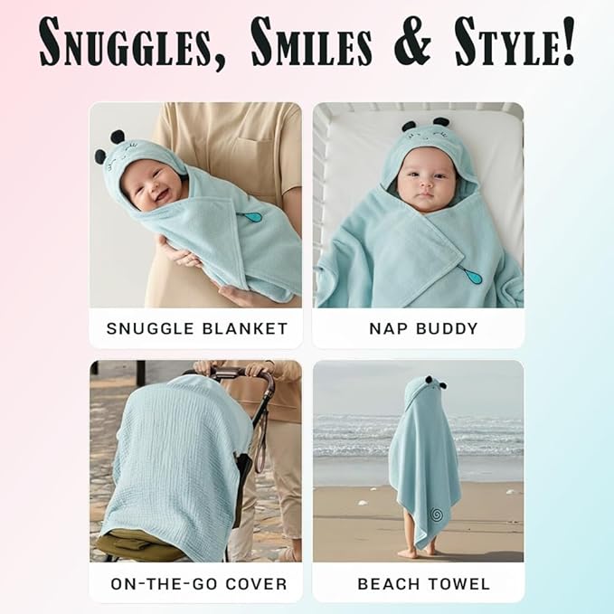 Milk&Moo Baby Hooded Towel, 100% Organic Turkish Cotton, Ultra Absorbent Bath Towel with Hood, 27x47 Inch, for Baby Boys & Girls (0-2 Years, Blue)