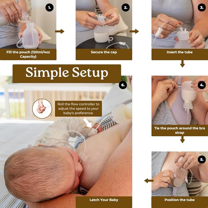 Haakaa Silicone Supplemental Feeding Tube & Pouch Set – Breastfeeding Assistance Kit for Low Supply, Latching Support, Donor or Pumped Milk – 120ml Pouch + Adjustable Flow Tube