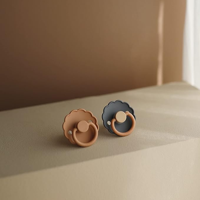FRIGG Daisy Natural Rubber Baby Pacifier | Made in Denmark | BPA-Free (Graphite/Peach Bronze, 0-6 Months) 2-Pack
