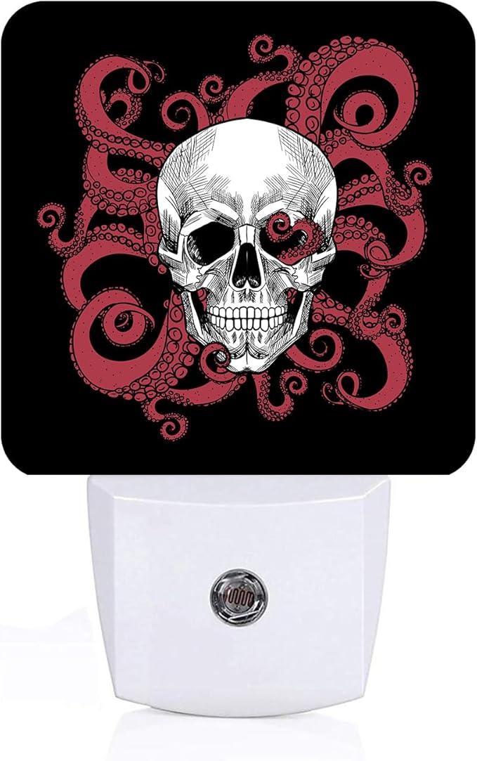 Human Skull and Octopus Tentacles Night Light,Plug Into Wall for Boys Girls Bedroom Decorative Square Night Light Lamp 0.5w Sleep Friendly