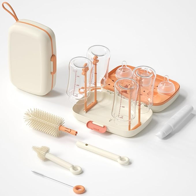 7in1 Travel Bottle Cleaner kit,Baby Essentials, with Bottle Brush、Nipple Brush、Straw Cleaner Brush、Soap Dispenser、Bottle Drying Rack、Drainage Tray、Storage Box,Baby Travel Essential (White)