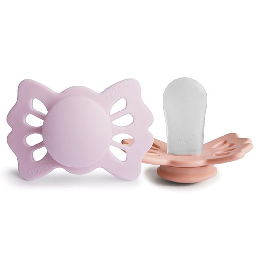 FRIGG Lucky Symmetrical SilkySoft Silicone Baby Pacifier | Made in Denmark | BPA-Free (Soft Lilac/Pretty in Peach, 0-6 Months)